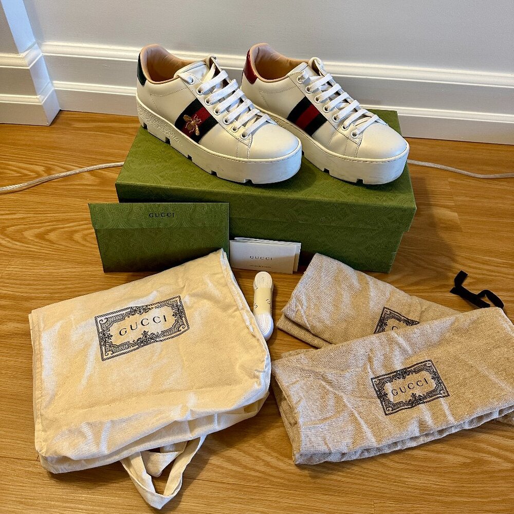 Gucci Calfskin Web Bee Embroidered Ace Platform Sneakers